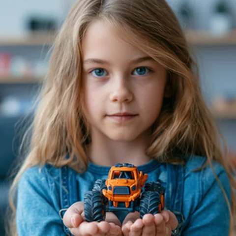 Kind mit orangefarbenem Spielzeugauto