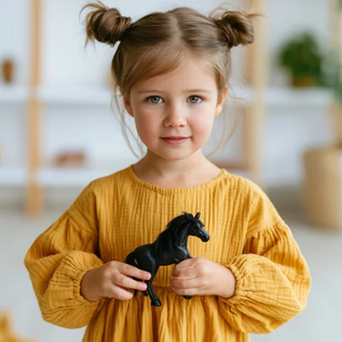 Kind mit schwarzem Spielzeugpferd