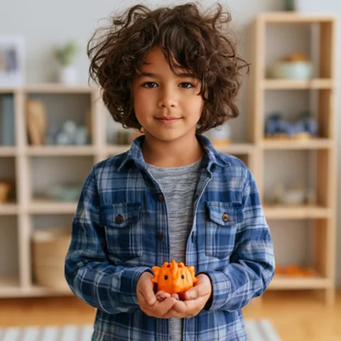 Kind mit orangefarbenem Spielzeug