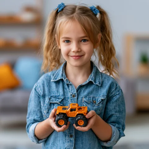 Kind mit orangefarbenem Geländewagen