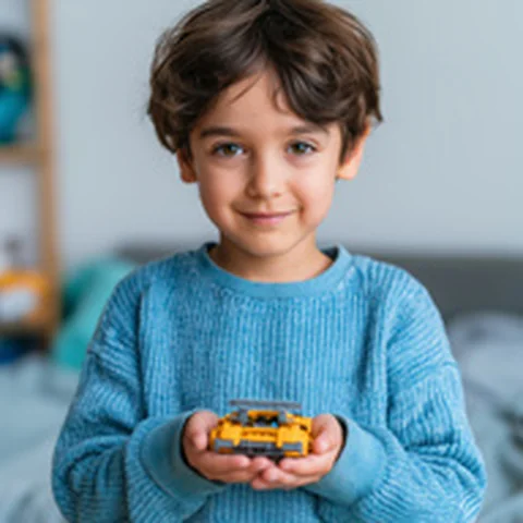 Kind mit gelbem Spielzeugauto