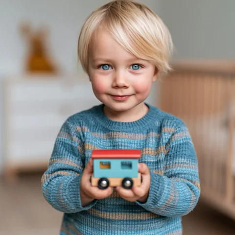 Kind mit Spielzeugbus