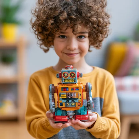 Kind mit großem buntem Roboter