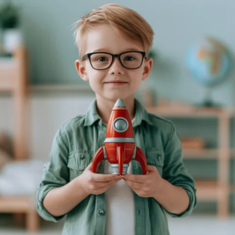 Kind mit roter Spielzeugrakete
