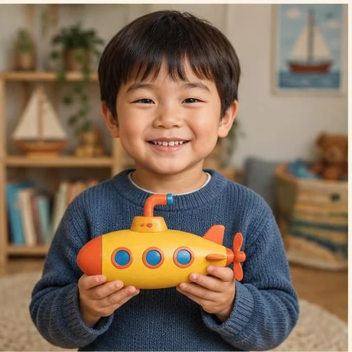 Junge mit einem gelben Spielzeug-U-Boot