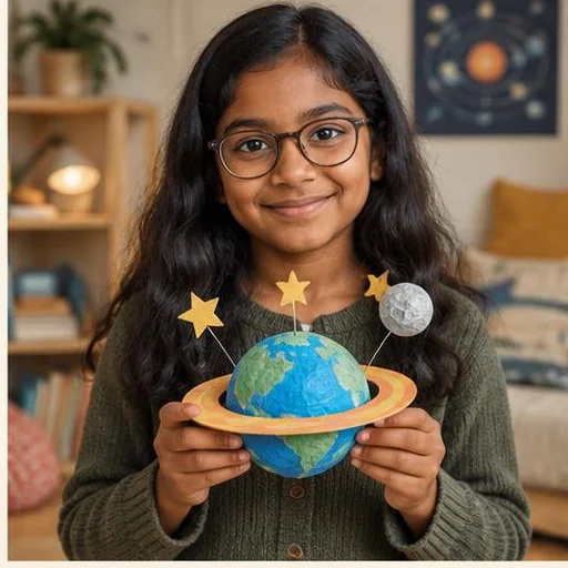 Mädchen mit Brille und selbst gebasteltem Planeten