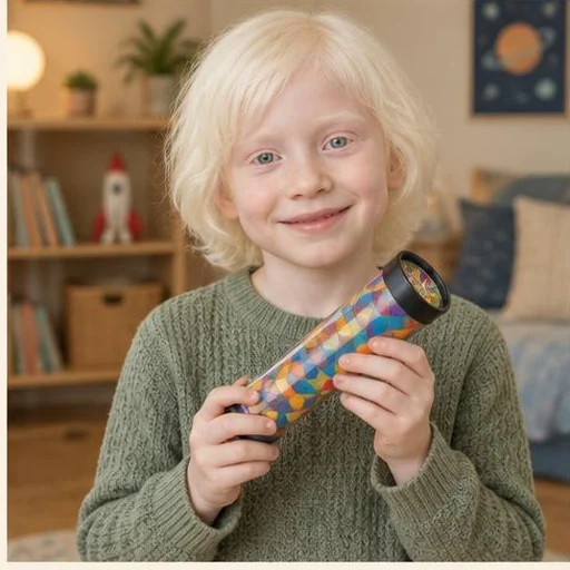 Kind mit Albinismus und buntem Kaleidoskop