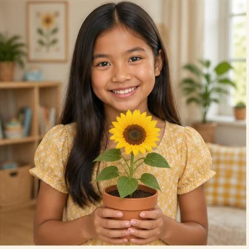 Mädchen mit einer Sonnenblume im Topf