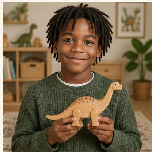 Junge mit einem hölzernen Dinosaurier