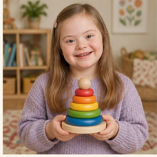Mädchen mit Down-Syndrom und buntem Stapelspielzeug