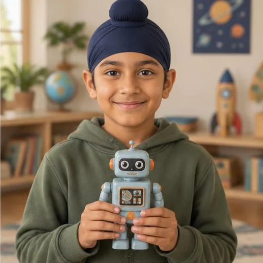 Junge mit Patka und kleinem Roboter