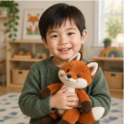 Junge mit Hörgerät und einem Stofffuchs