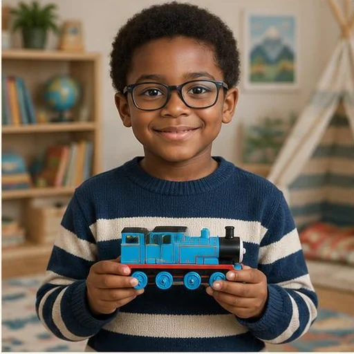 Junge mit Brille und einer blauen Spielzeugeisenbahn